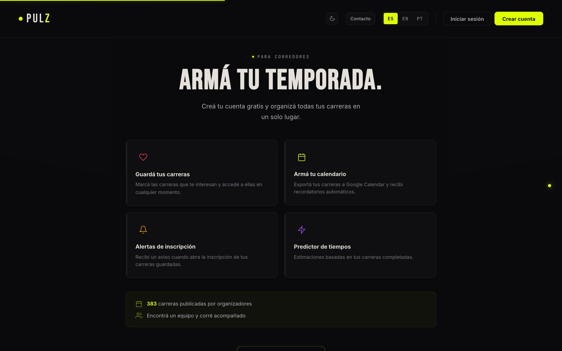 PULZ — Grilla de cards de carreras